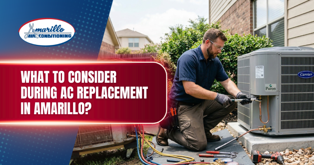 A technician kneels next to an outdoor AC unit with tools nearby. Text reads: "What to consider during air conditioner replacement in Amarillo?" Amarillo Air Conditioning logo is visible.