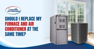 A furnace and air conditioner are displayed in front of a window with the text: "Should I replace my furnace and air conditioner at the same time?.