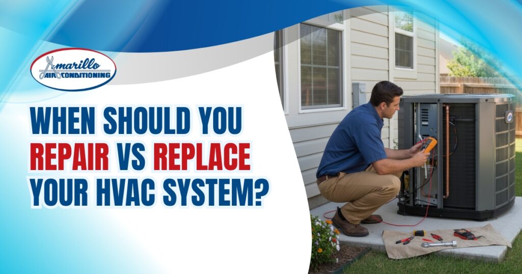 A technician crouches and tests an outdoor HVAC unit with tools; text reads, “When should you repair vs replace your HVAC system?”.