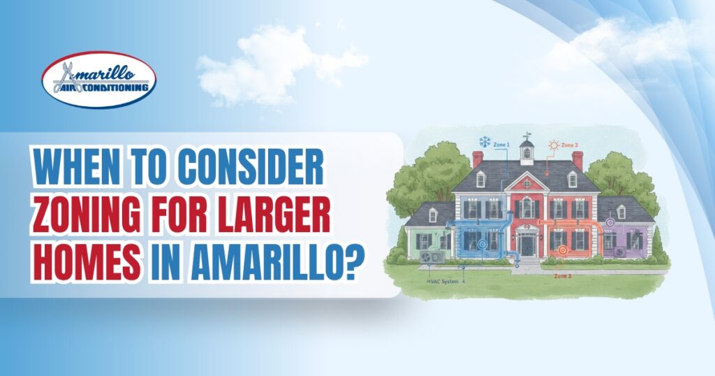 Infographic for Amarillo Air Conditioning explains when zoning is ideal for larger homes, illustrating a house divided into separate HVAC zones.