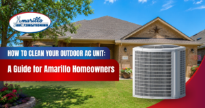 A large outdoor AC unit sits in front of a brick house, with text promoting an AC unit cleaning guide for Amarillo homeowners by Amarillo Air Conditioning.