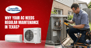 A technician checks an outdoor AC unit with tools, next to text promoting regular AC service and maintenance for Texas air conditioning by Amarillo Air Conditioning.