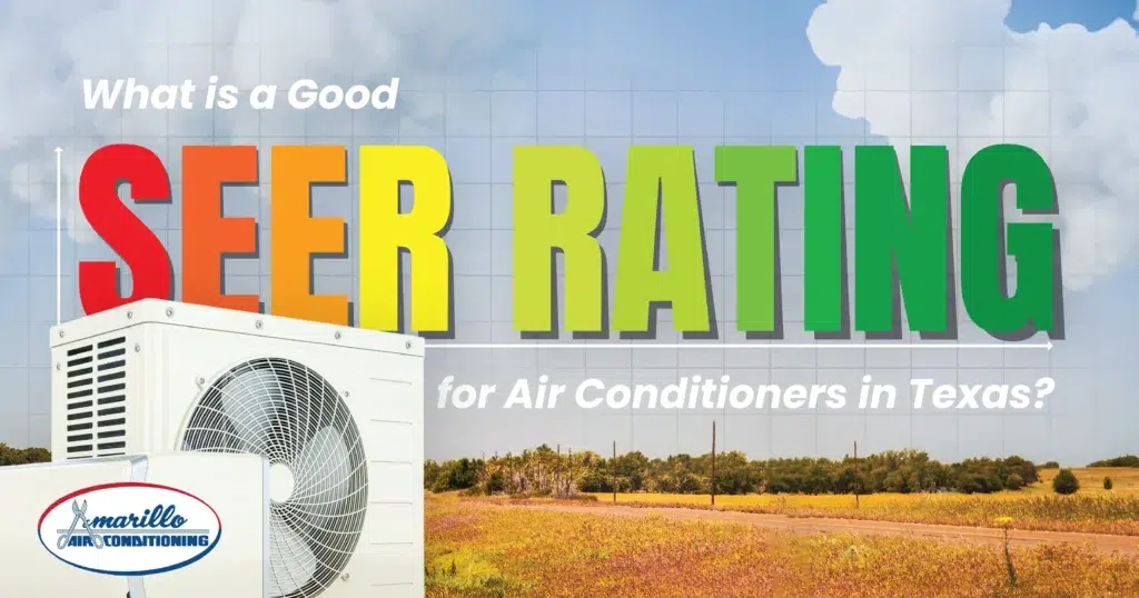 An outdoor air conditioner unit sits in a field under a partly cloudy sky with text asking about the best SEER rating for air conditioners in Texas.