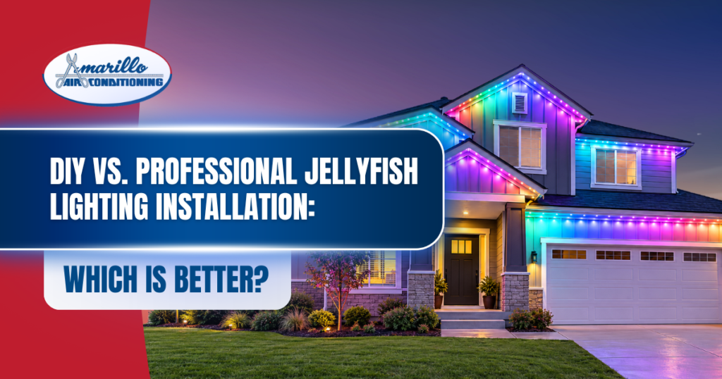 A two-story house with colorful Jellyfish lights along the roofline; text asks whether DIY JellyFish Lighting or Professional JellyFish Lighting Installation is better.